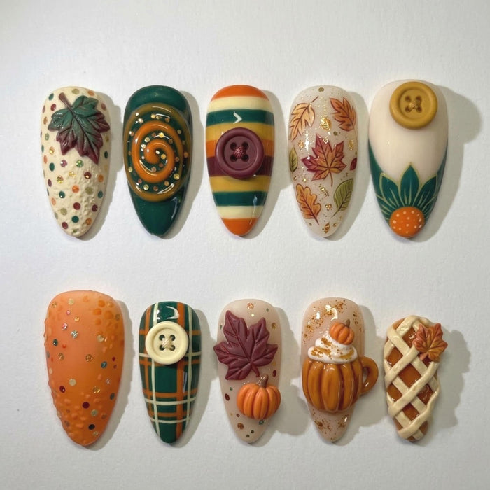 Thanksgiving Press On Nails with 3D Pumpkins, Pie, Maple Leaves and Plaid