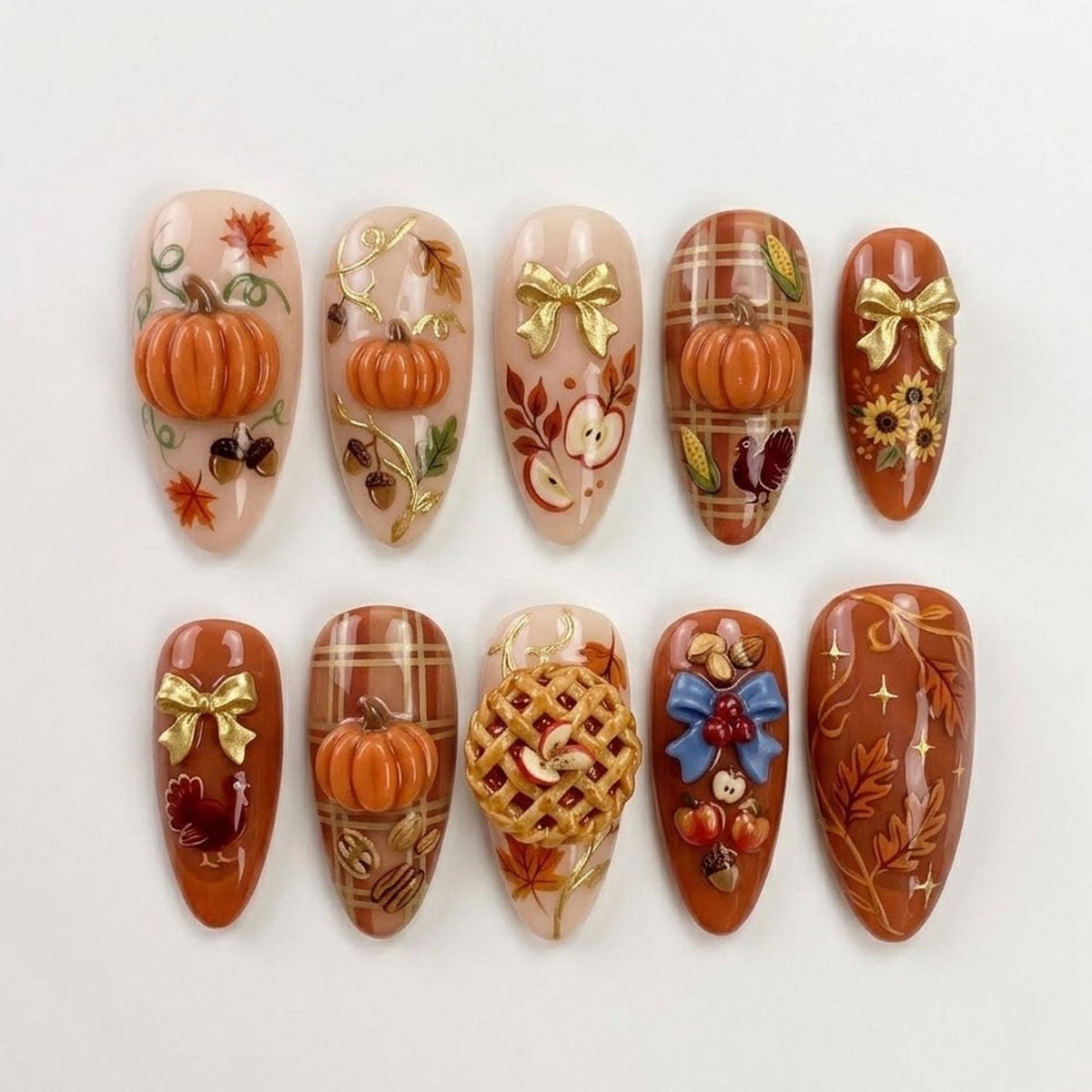 Thanksgiving Press On Nails With 3D Pumpkins, Pie, Turkey, Plaid & Bows