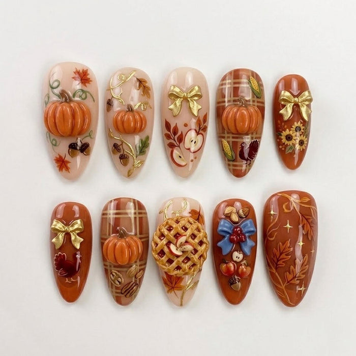 Thanksgiving Press On Nails With 3D Pumpkins, Pie, Turkey, Plaid & Bows