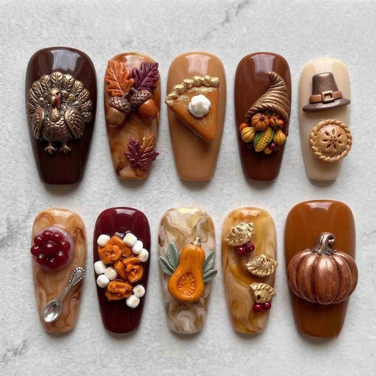 Thanksgiving Press On Nails With 3D Turkey, Pumpkins, Pie and Autumn Harvest Details