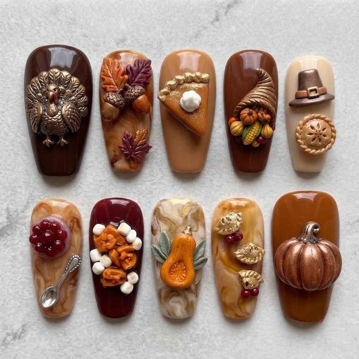 Thanksgiving Press On Nails With 3D Turkey, Pumpkins, Pie and Autumn Harvest Details