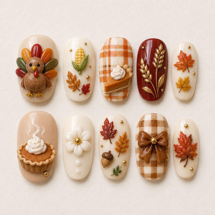 Thanksgiving Press On Nails With 3D Turkey, Pumpkin Pie, Harvest Motifs and Plaid Bow