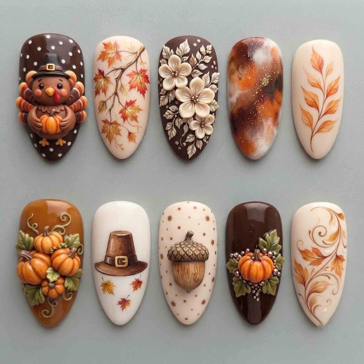 Thanksgiving Press On Nails With 3D Turkey, Pumpkins, Pilgrim Hat & Autumn Florals