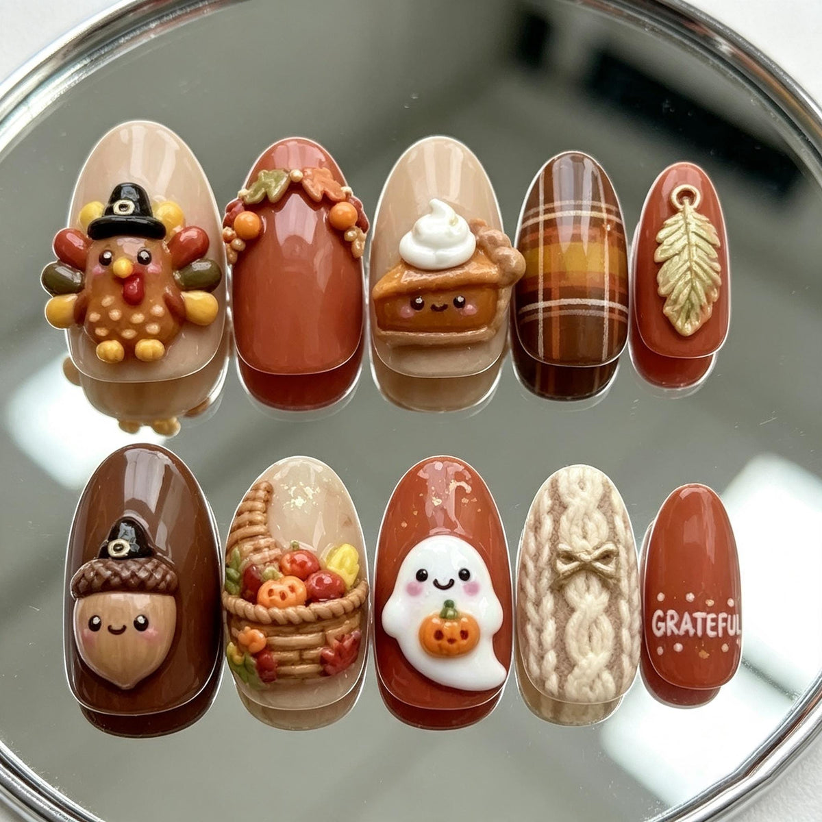 Thanksgiving Press-On Nails with 3D Turkey, Pumpkin Pie, Ghost, and Knit Plaid