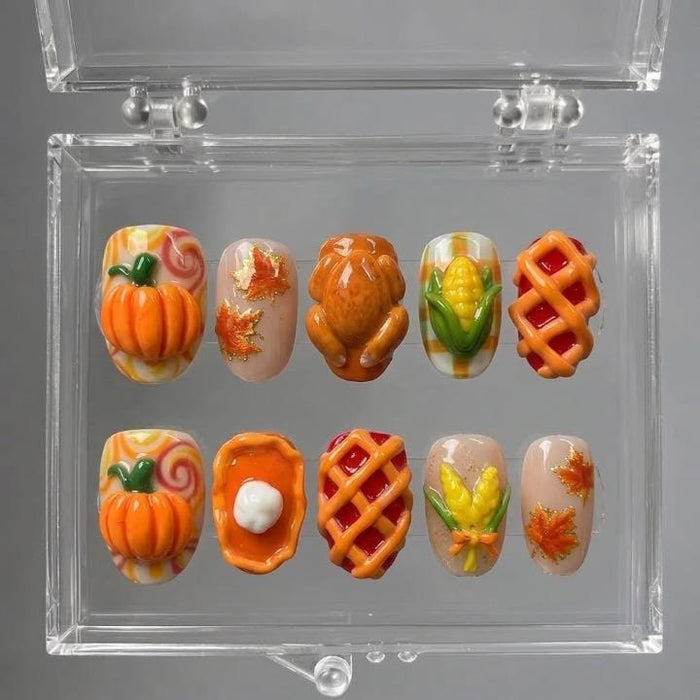Thanksgiving Press-On Nails with 3D Turkey, Pumpkins, Corn and Pie