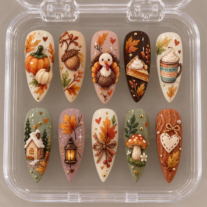 Thanksgiving Press On Nails With 3D Turkey, Pumpkins, Fall Leaves and Cozy Autumn Details