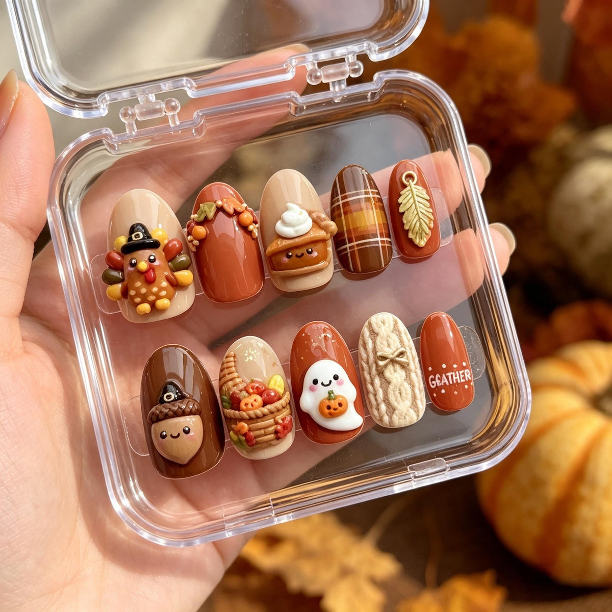 Thanksgiving Press-On Nails with 3D Turkey, Pumpkin Pie, Ghost, and Knit Plaid
