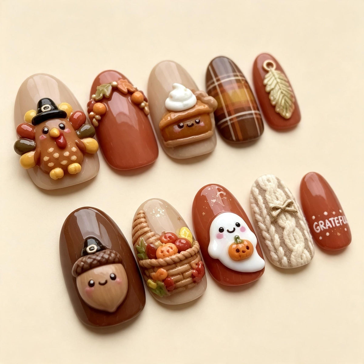 Thanksgiving Press-On Nails with 3D Turkey, Pumpkin Pie, Ghost, and Knit Plaid