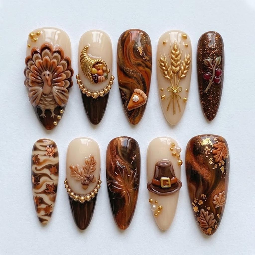 Thanksgiving Press On Nails with 3D Turkey, Wheat, Autumn Leaves and Gold Accents