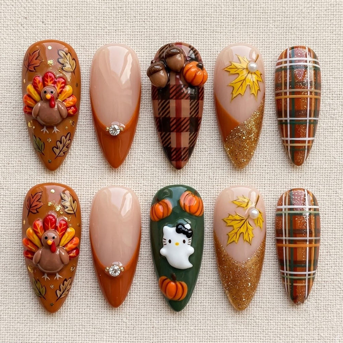 Thanksgiving Press On Nails With 3D Turkeys, Pumpkins, Plaid, and Gold Glitter
