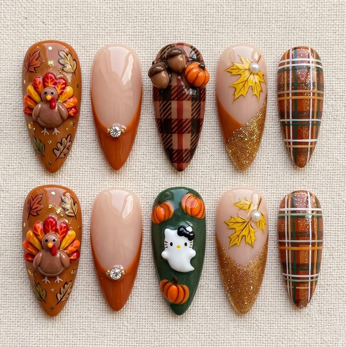 Thanksgiving Press On Nails With 3D Turkeys, Pumpkins, Plaid, and Gold Glitter