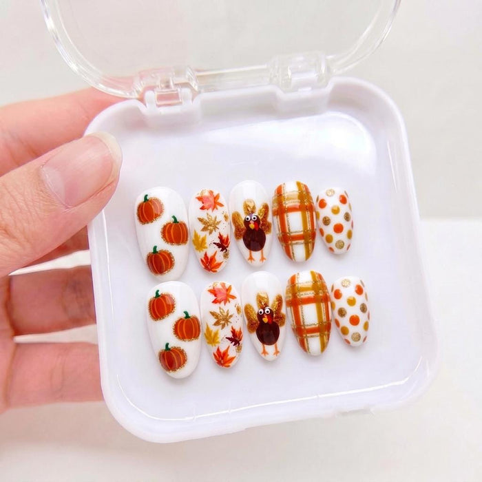 Thanksgiving Press On Nails With 3D Turkeys, Pumpkins, Fall Leaves and Plaid