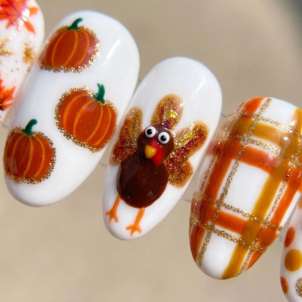 Thanksgiving Press On Nails With 3D Turkeys, Pumpkins, Fall Leaves and Plaid