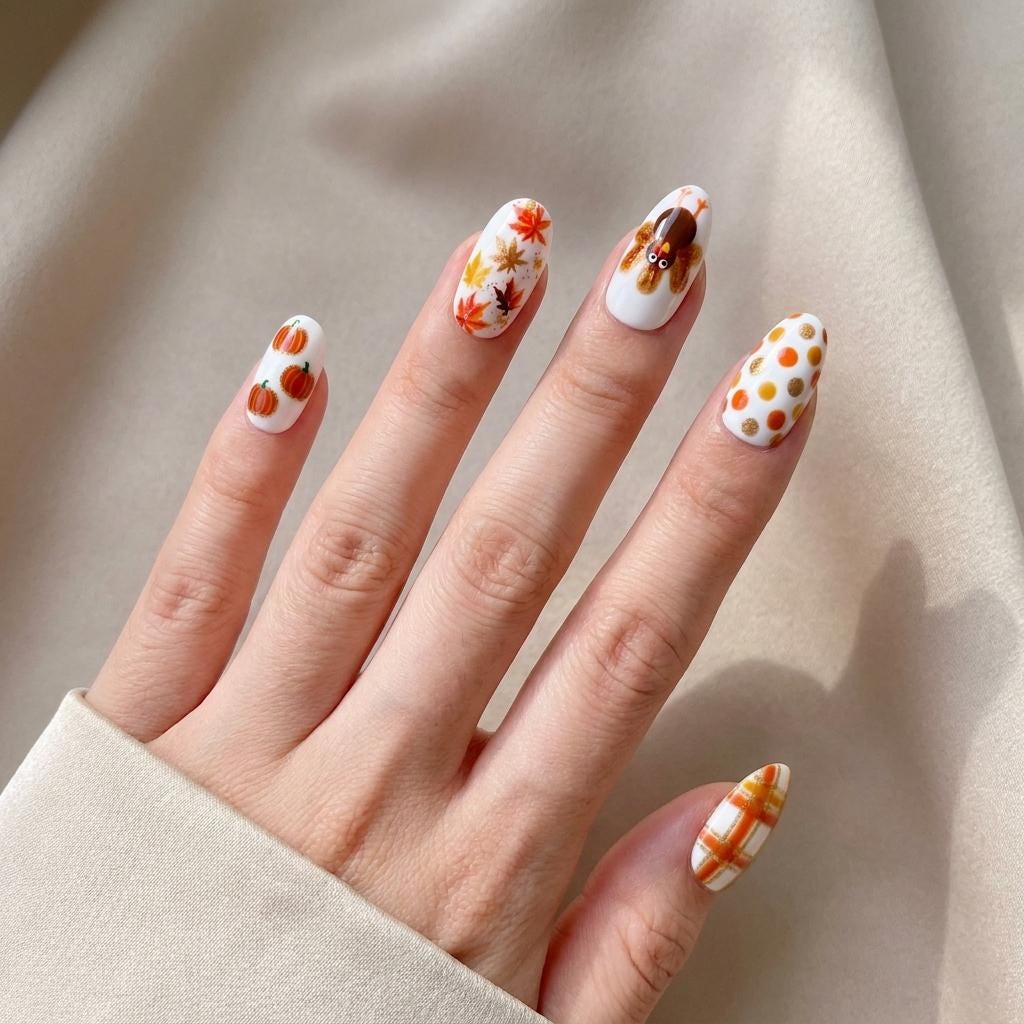 Thanksgiving Press On Nails With 3D Turkeys, Pumpkins, Fall Leaves and Plaid