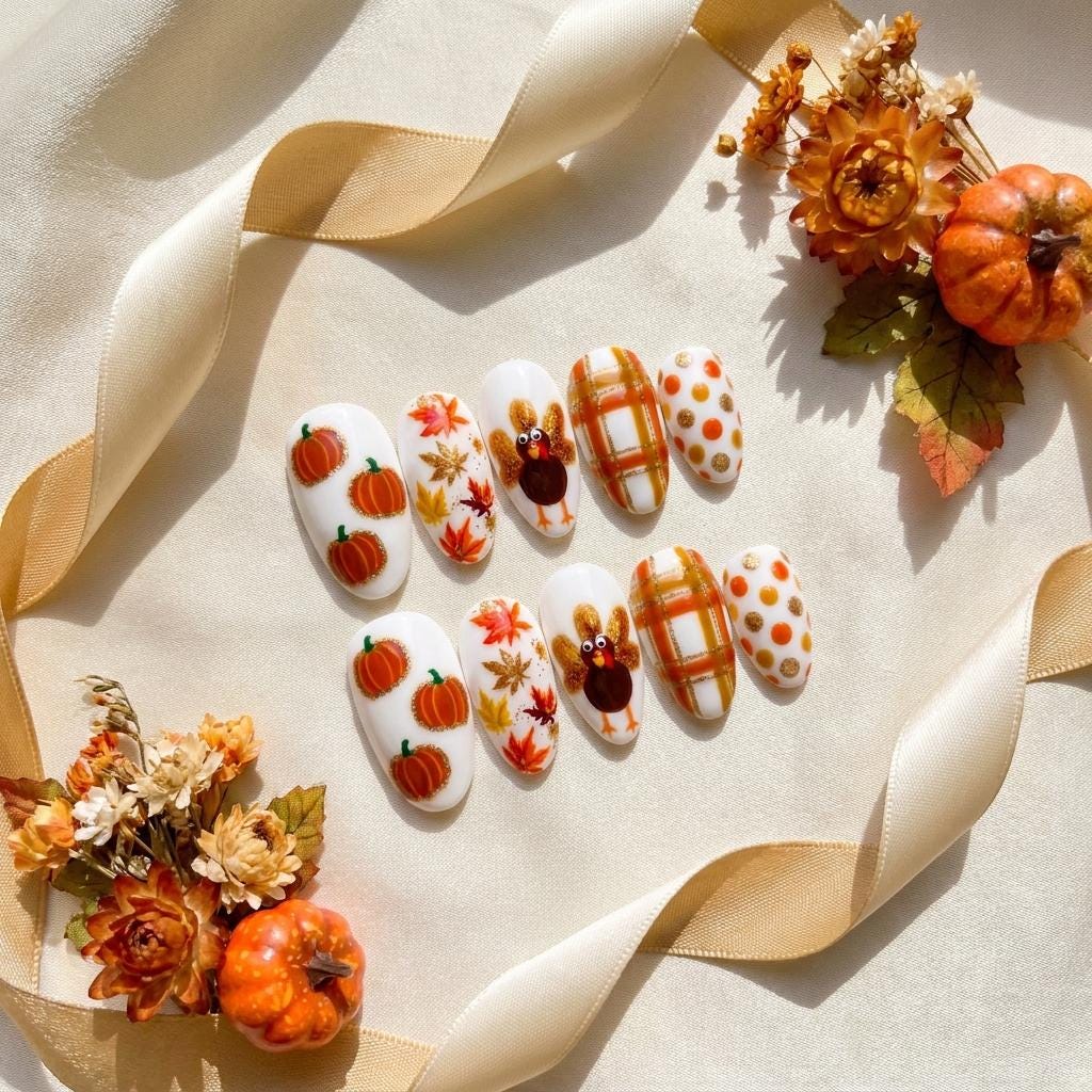 Thanksgiving Press On Nails With 3D Turkeys, Pumpkins, Fall Leaves and Plaid