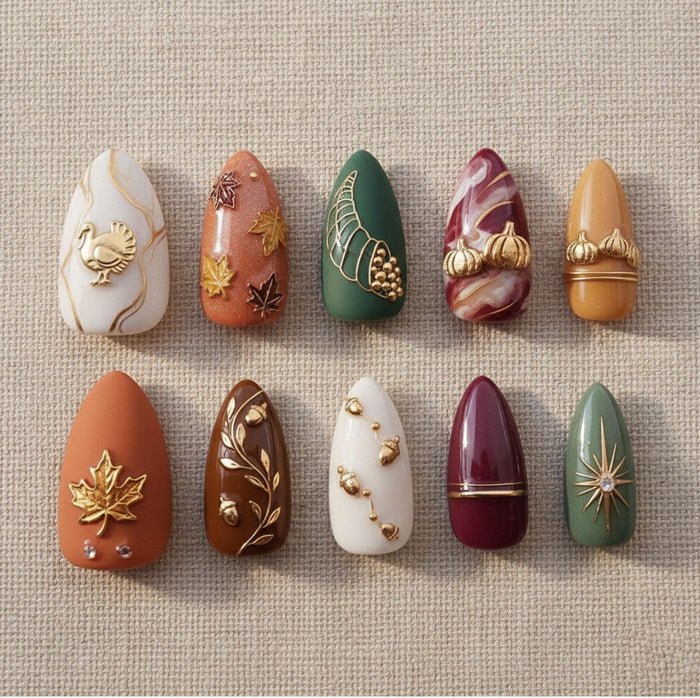 Thanksgiving Press-On Nails With Gold Autumn Leaves, Pumpkins & Marbled Accents