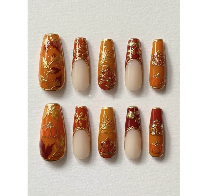 Thanksgiving Press On Nails With Gold Leaves, Pumpkins & Autumn Florals