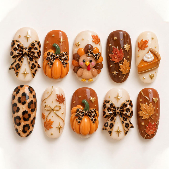 Thanksgiving Press-On Nails With Leopard Bows, Pumpkins, Turkey, and Autumn Leaves