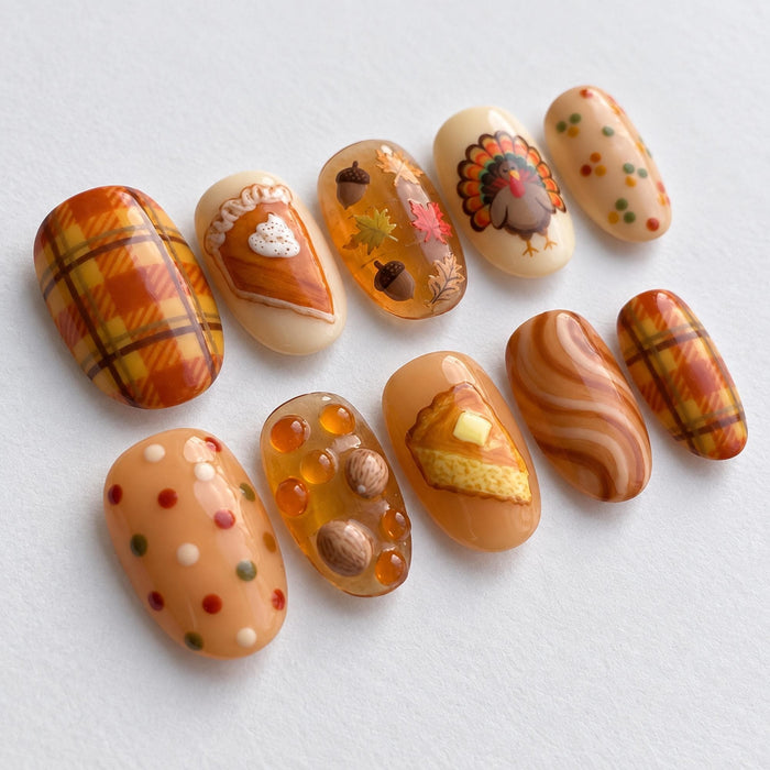 Thanksgiving Press On Nails with Plaid, Pie, Turkey, Leaves and Acorns