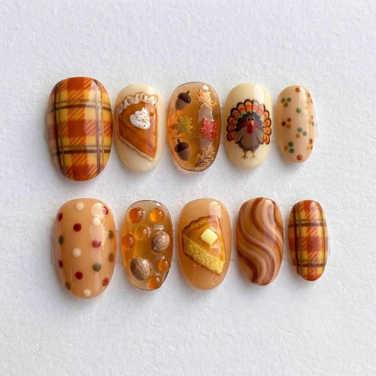 Thanksgiving Press On Nails with Plaid, Pie, Turkey, Leaves and Acorns