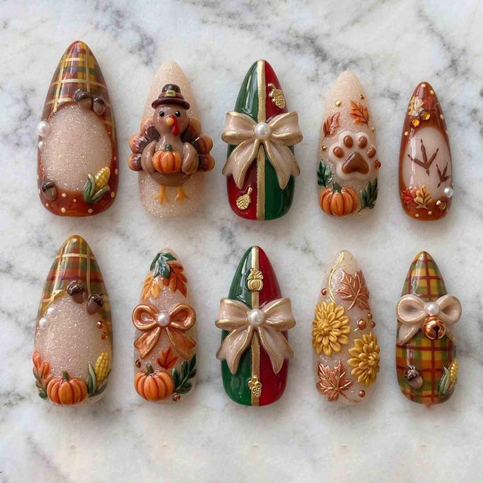 Thanksgiving Press On Nails With Plaid, Pumpkins, Turkey, Leaves and 3D Bows