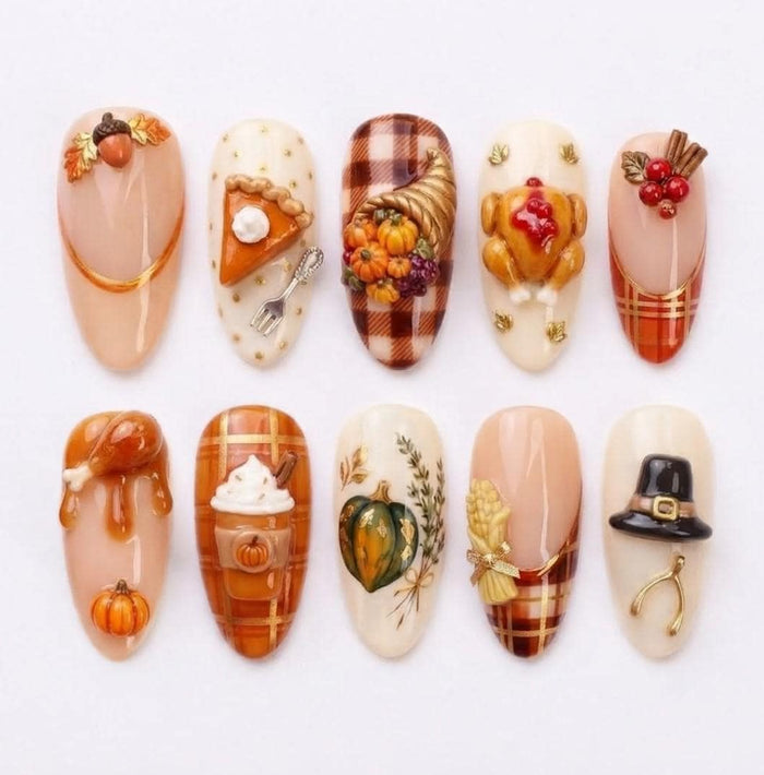 Thanksgiving Press-On Nails with Plaid, Pumpkins, Turkey, and Pie Details