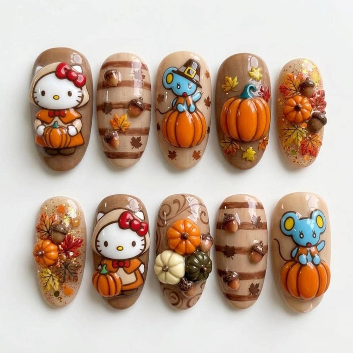 Thanksgiving Press On Nails With Pumpkins, Acorns, and Plaid