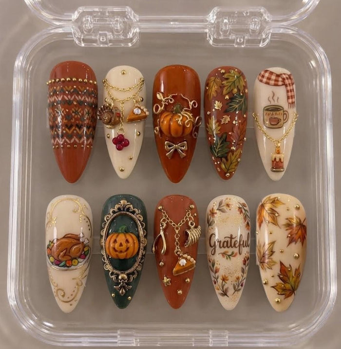 Thanksgiving Press-On Nails with Pumpkins, Autumn Florals, Sweater Patterns and Gold Charms