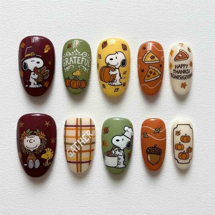 Thanksgiving Press On Nails With Pumpkins, Pie, Plaid and Autumn Leaves
