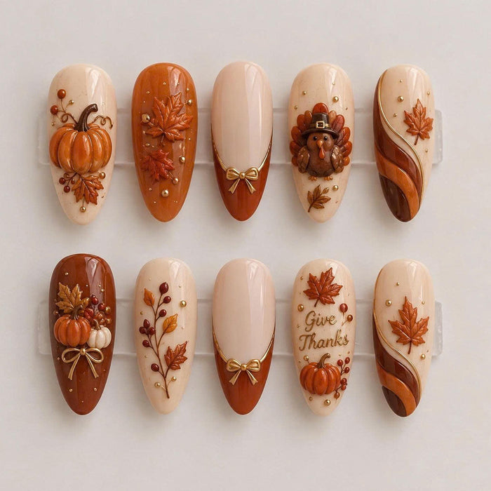 Thanksgiving Press On Nails with Pumpkins, Turkey, Maple Leaves and Gold Bows