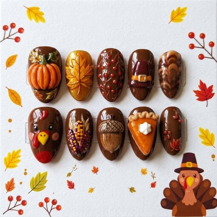 Thanksgiving Press On Nails With Raised Pumpkin, Turkey, Pilgrim Hat, and Harvest Details