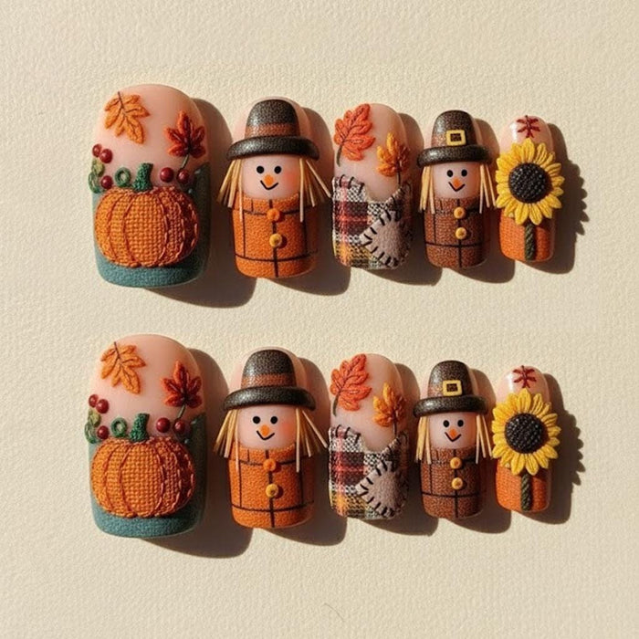 Thanksgiving Press On Nails With Scarecrows, Pumpkins, Sunflowers and Plaid