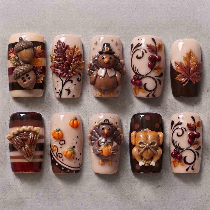 Thanksgiving Press On Nails With Sculpted Turkeys, Acorns, Pumpkins and Autumn Leaves
