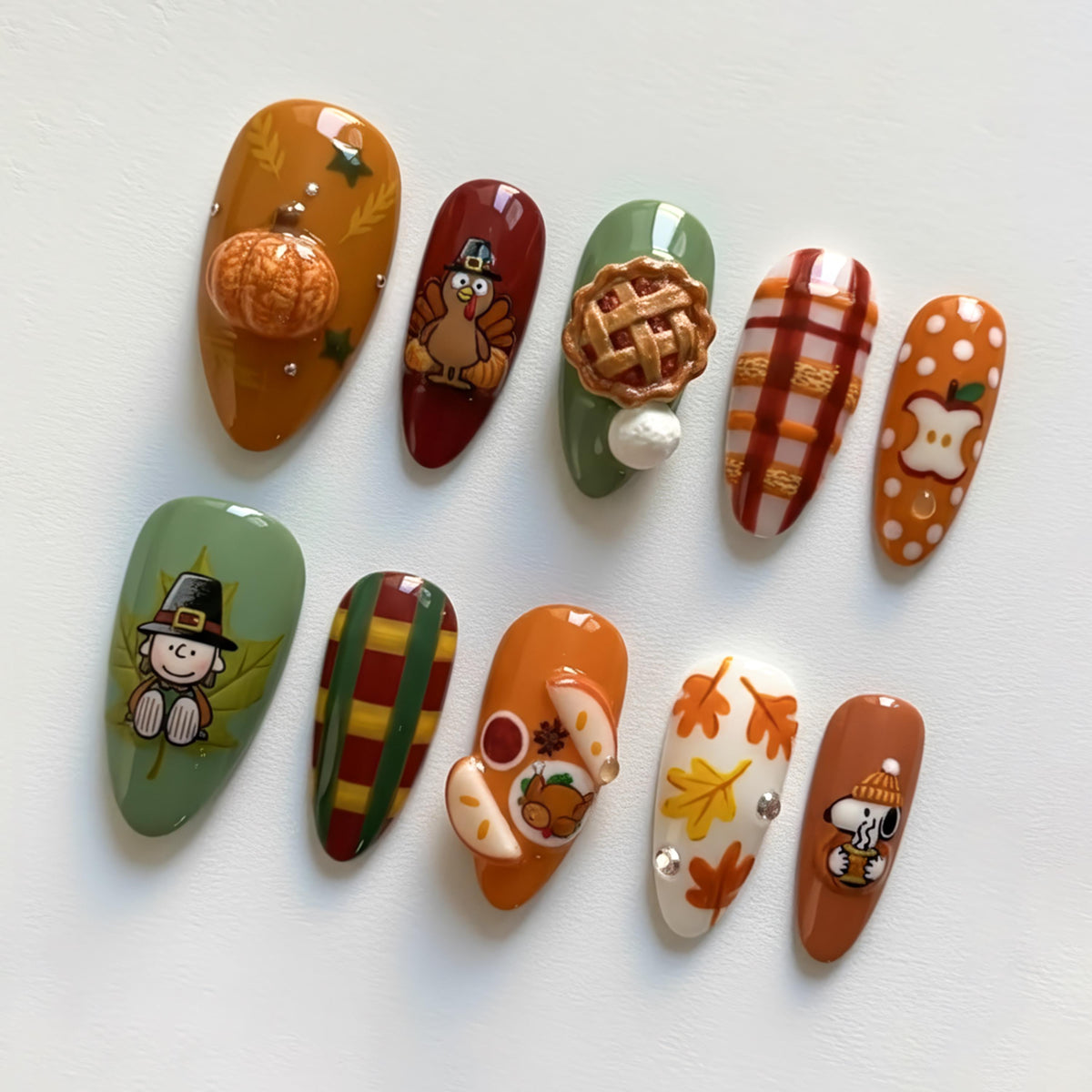 Thanksgiving Press On Nails with Snoopy, Pumpkin, Pie, Plaid & Fall Leaves