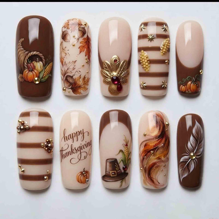 Thanksgiving Press On Nails With Turkey, Autumn Leaves, Pumpkins & Gold Details