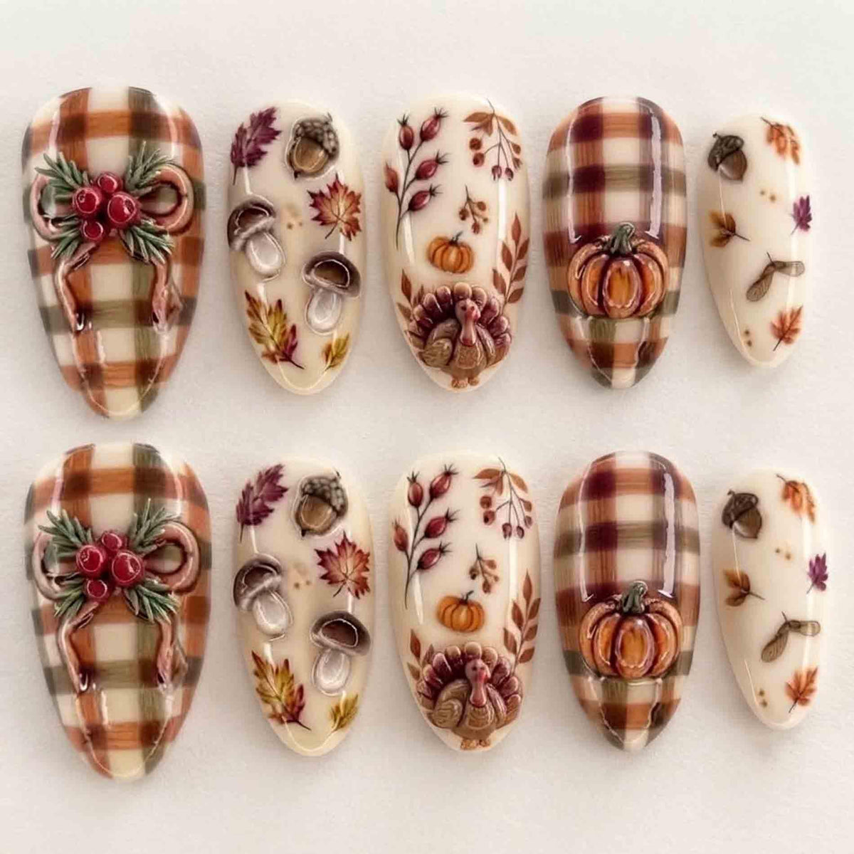 Thanksgiving Press-On Nails With Turkey, Pumpkin, and Brown Plaid Harvest Art