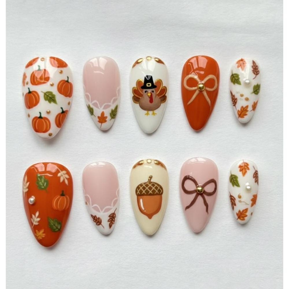 Thanksgiving Press On Nails With Turkey, Pumpkins, Acorns, Leaves and Bows