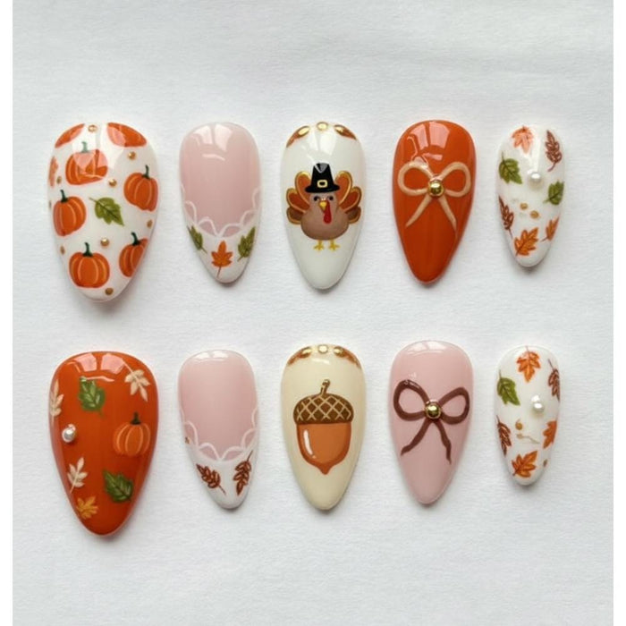 Thanksgiving Press On Nails With Turkey, Pumpkins, Acorns, Leaves and Bows