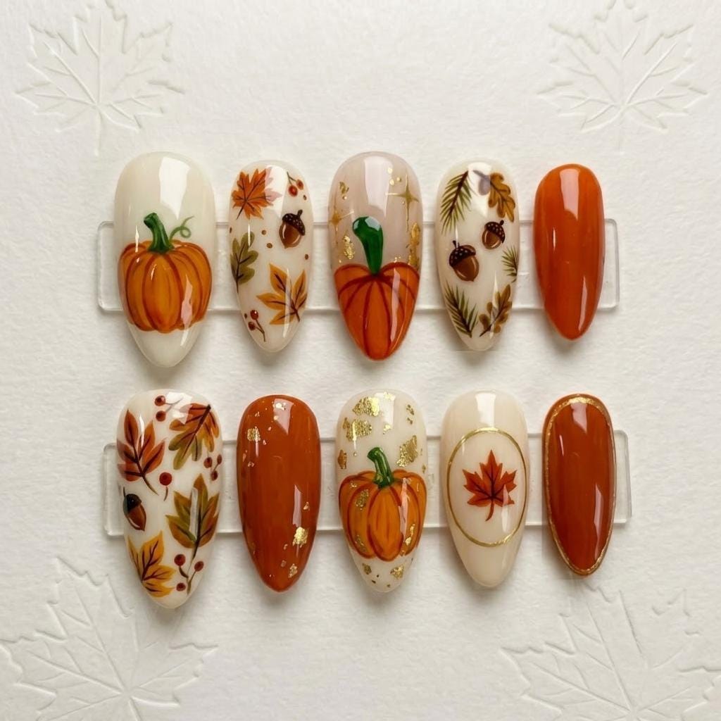 Thanksgiving Pumpkin and Autumn Leaves Press-On Nail Set with Gold Foil