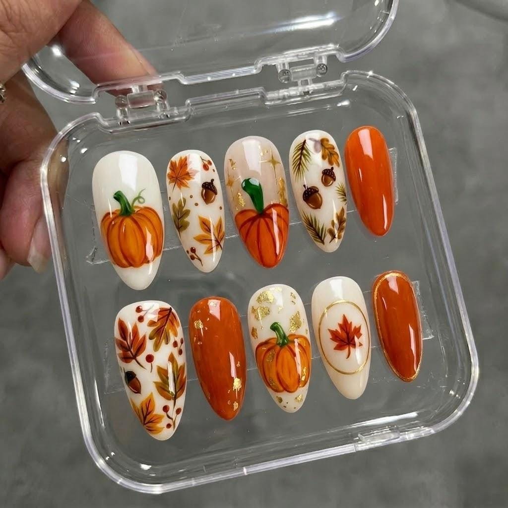 Thanksgiving Pumpkin and Autumn Leaves Press-On Nail Set with Gold Foil