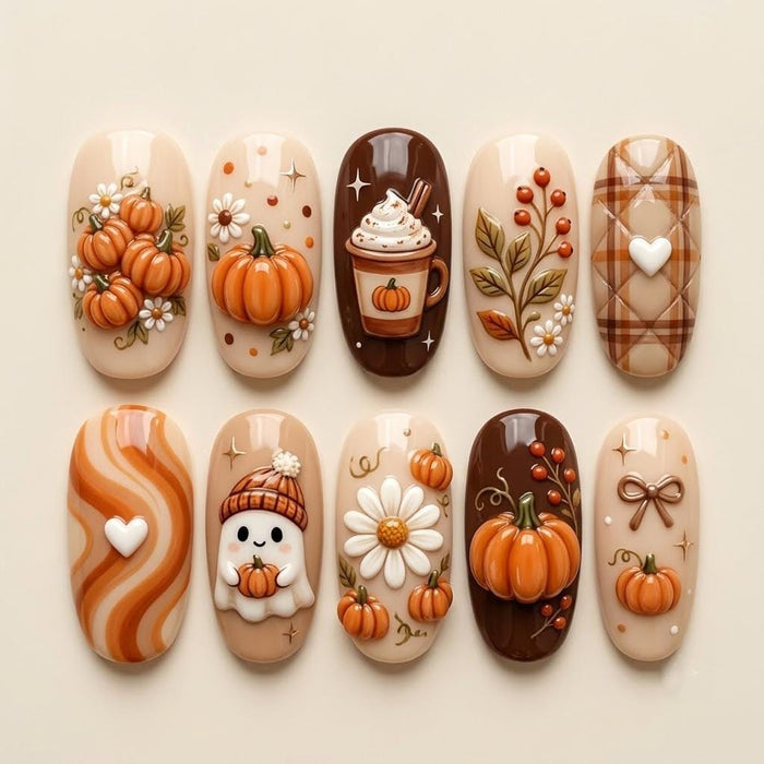 Thanksgiving Pumpkin and Daisy Press On Nails with Ghost, Plaid, Bows, and 3D Details