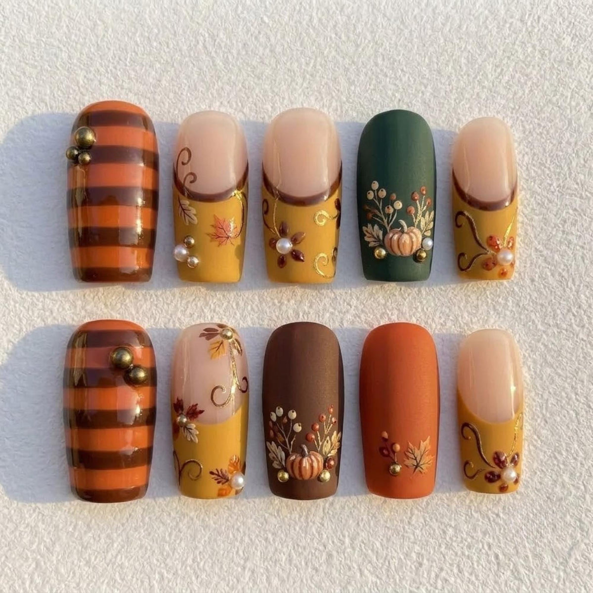Thanksgiving Pumpkin and Foliage Press On Nails With Stripes and Gold Accents