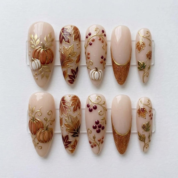 Thanksgiving Pumpkin and Gold Leaf French Tip Press-On Nails