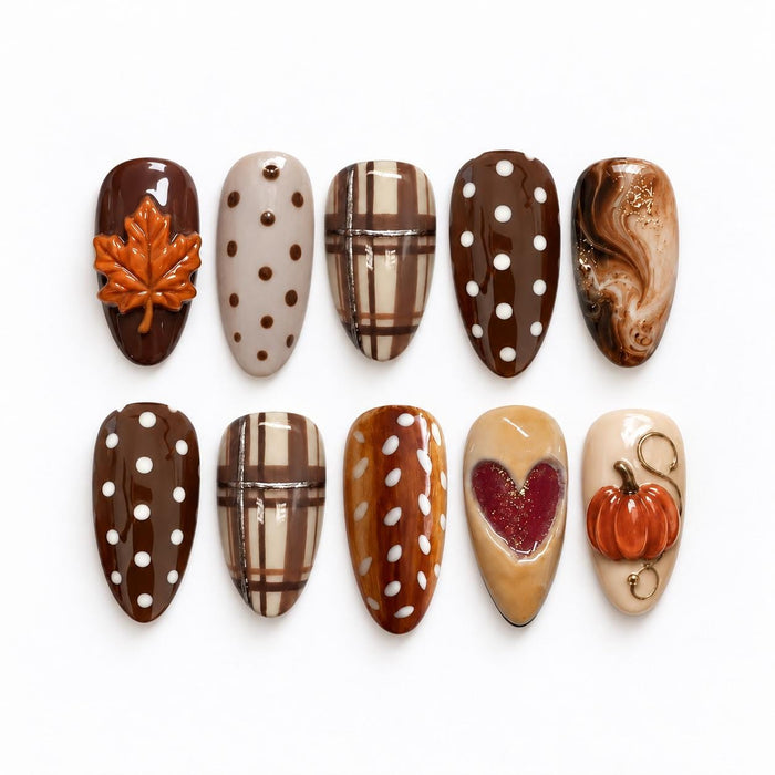 Thanksgiving Pumpkin and Leaf Press-On Nails With Brown Plaid and Polka Dots