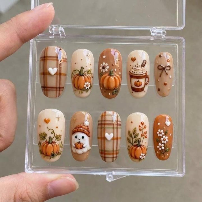 Thanksgiving Pumpkin and Plaid Press-On Nails with Hearts, Florals, and Cozy Details