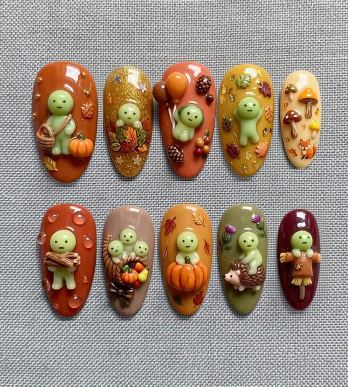 Thanksgiving Pumpkin and Woodland Character 3D Press On Nail Set