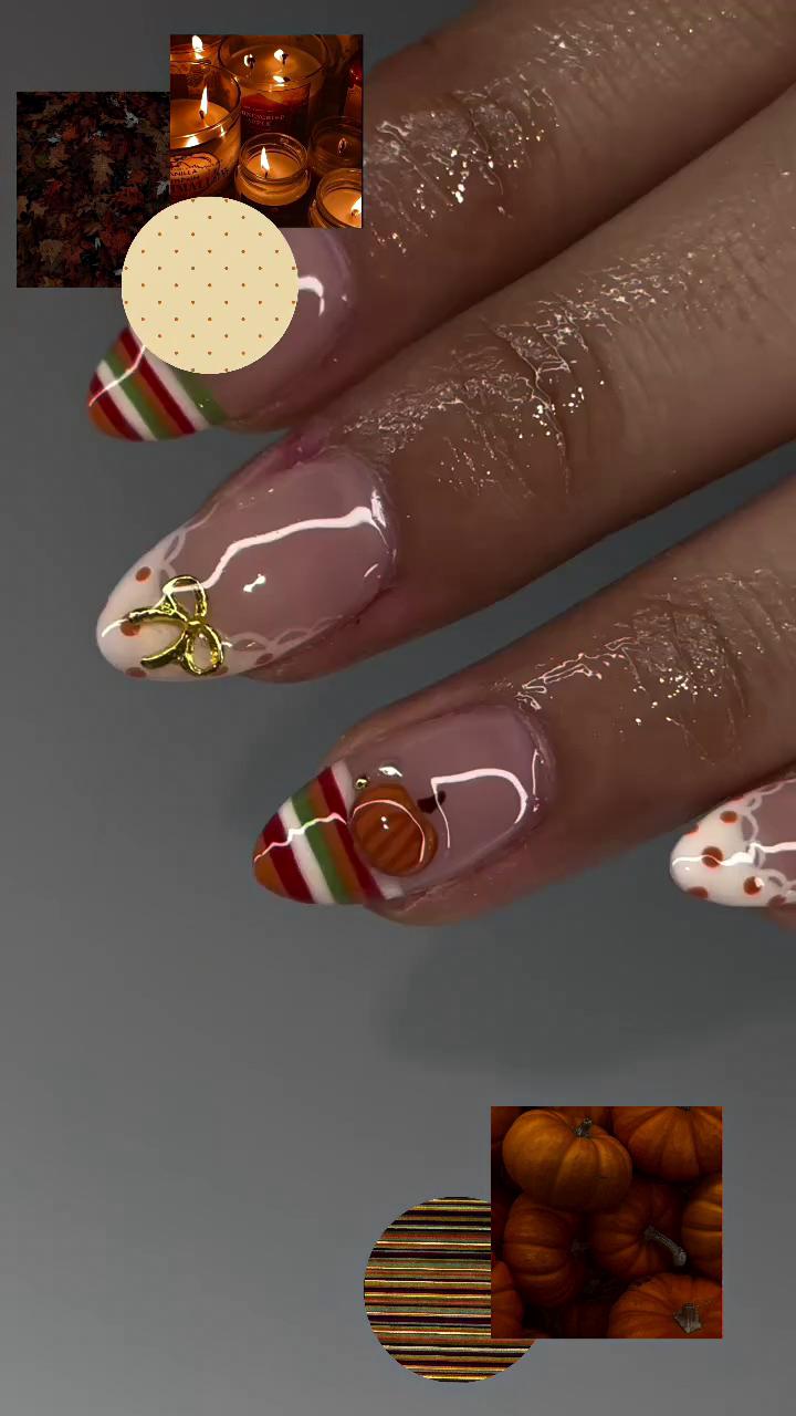 Thanksgiving Pumpkin French Tip Nail Set With Stripes and Gold-Tone Charms