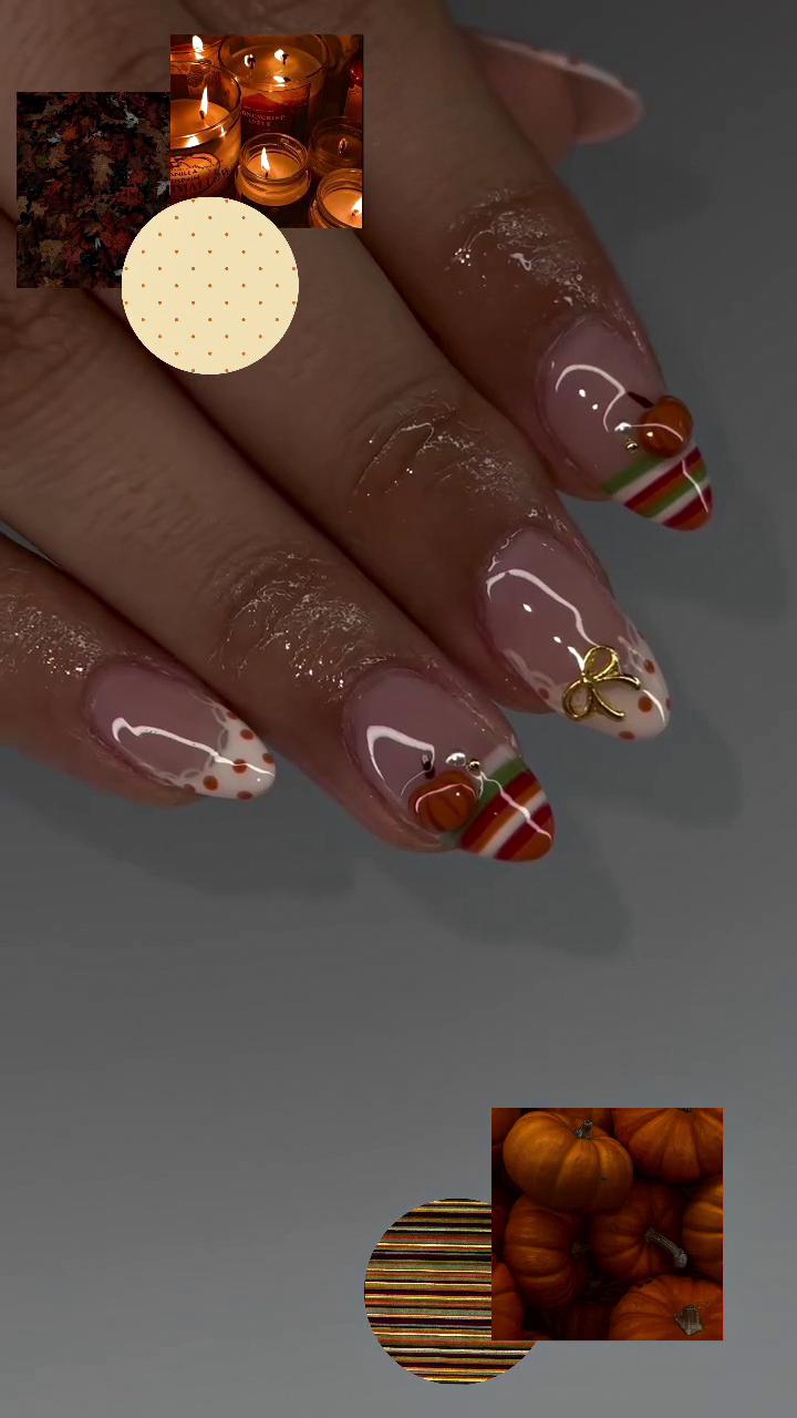 Thanksgiving Pumpkin French Tip Nail Set With Stripes and Gold-Tone Charms