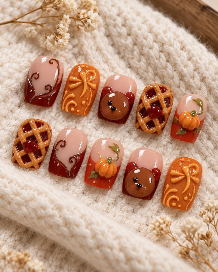 Thanksgiving Pumpkin, Pie, Bear Face and Bow Press On Nails
