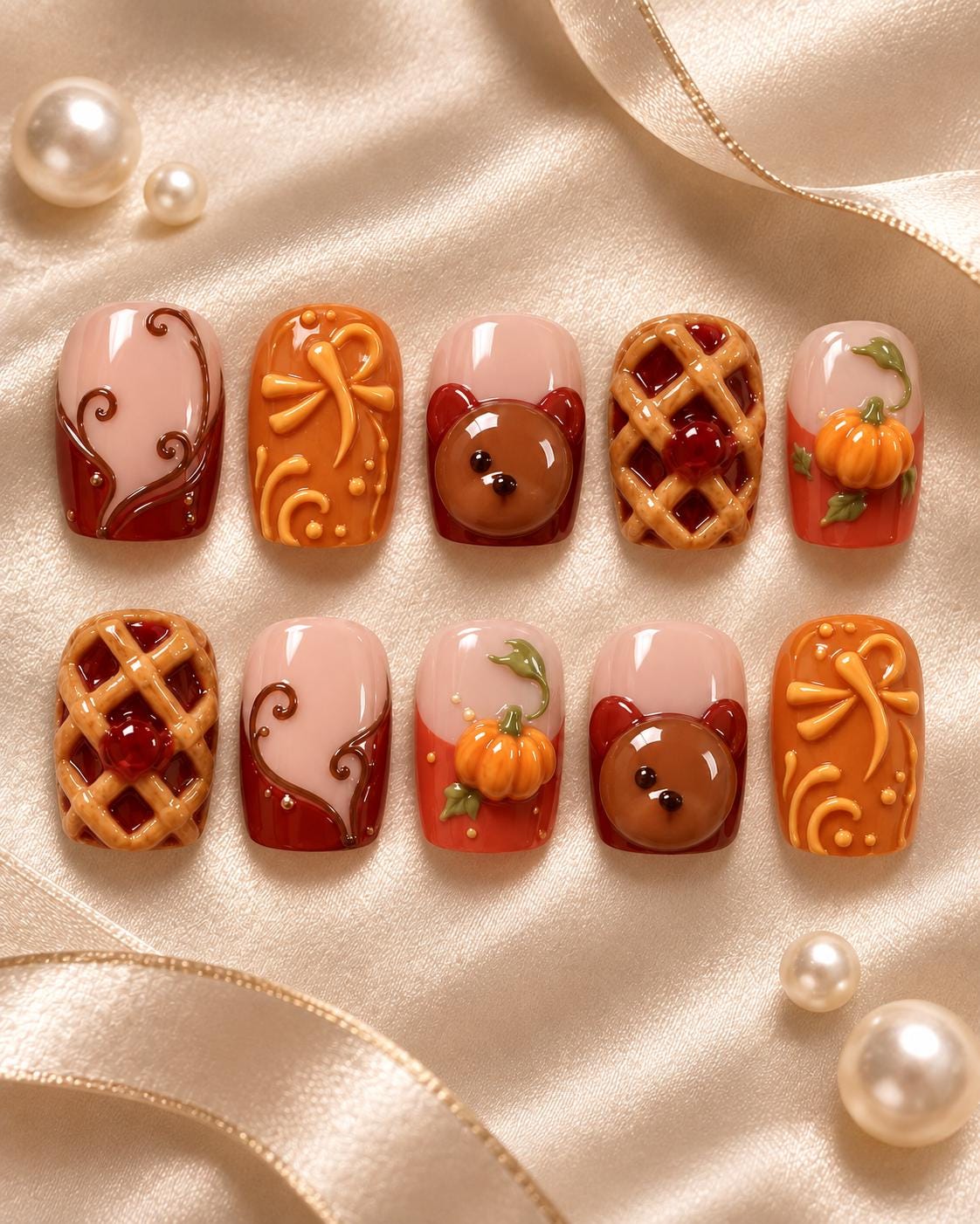 Thanksgiving Pumpkin, Pie, Bear Face and Bow Press On Nails